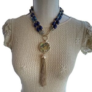 Blue Gold Tone and Crystal Beaded Tassle Adjustable Statement Necklace